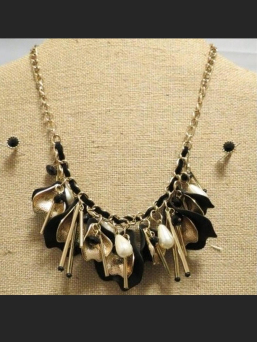 Gold-Tone Black and Pearl Accent Statement Necklace